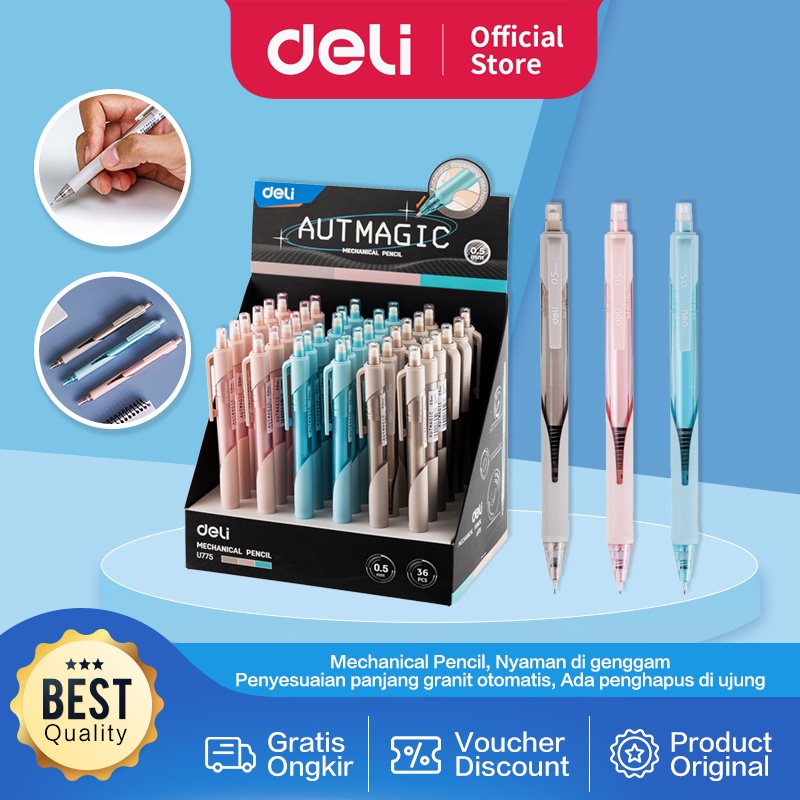

Deli Mechanical Pencil / Pensil Mekanik 0.5 mm Dengan Penghapus Panjang Granit Otomatis Menyesuaikan Nyaman Digenggam EU775