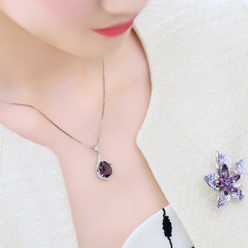 [Ready Stock]Fashion Plated 925 Silver Necklace Amethyst Pendant