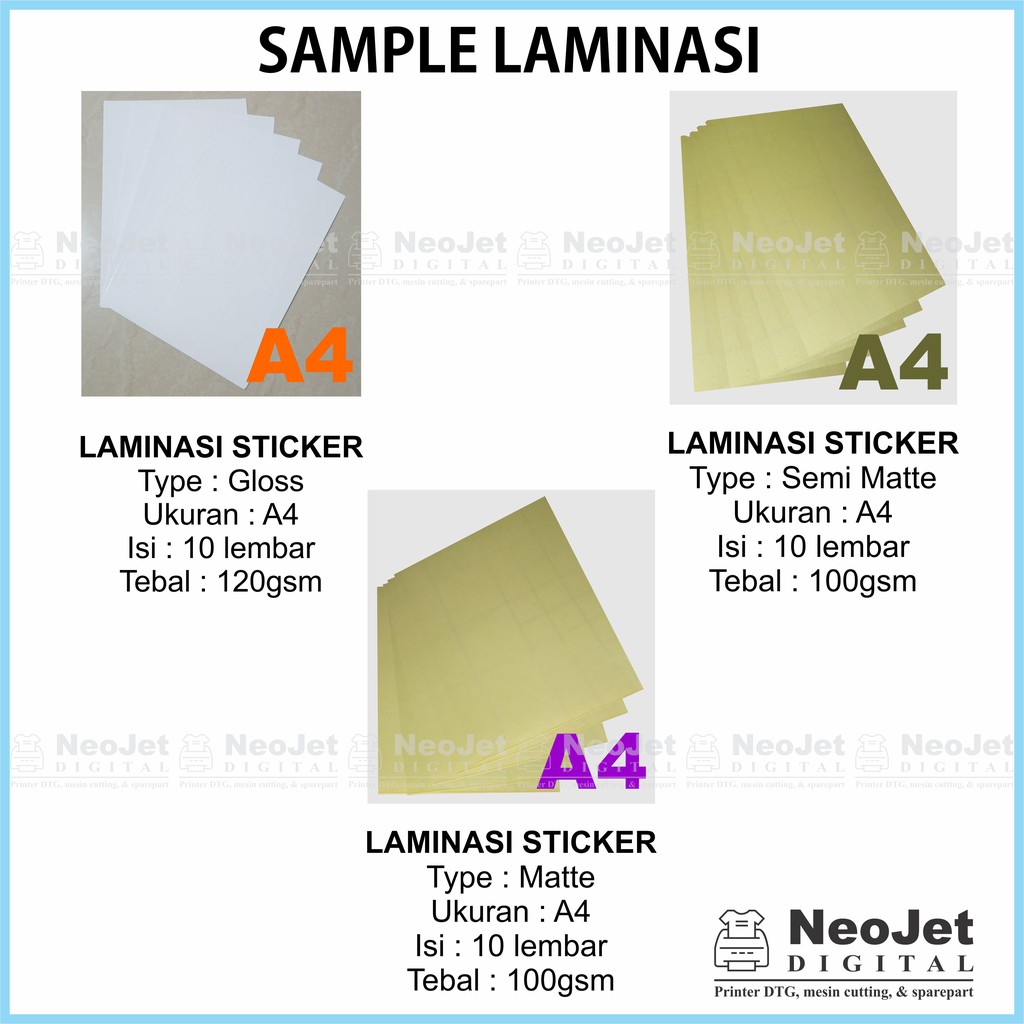 

Sample Lengkap Laminasi Dingin Glossy 120 gsm Doff Matte Satin 100 gsm A4 untuk Sticker Vinyl Inkjet