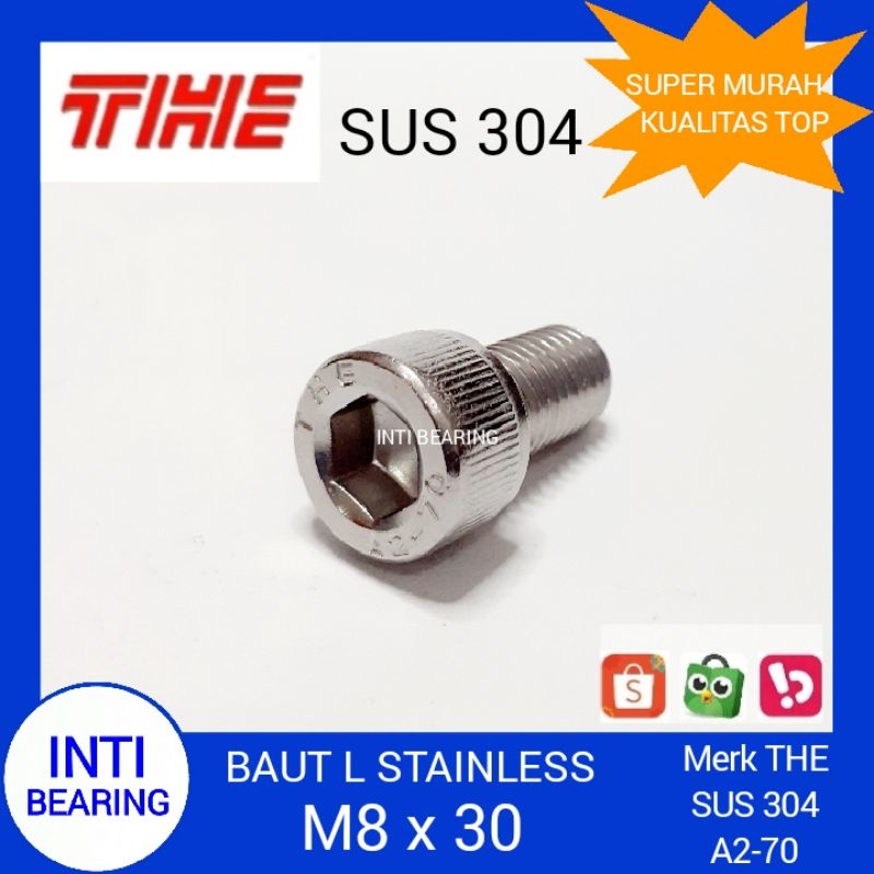 Baut L Stainless M8x30 Kepala Soket Kunci L 6 Pitch 1,25 untuk Bengkel dan Industri