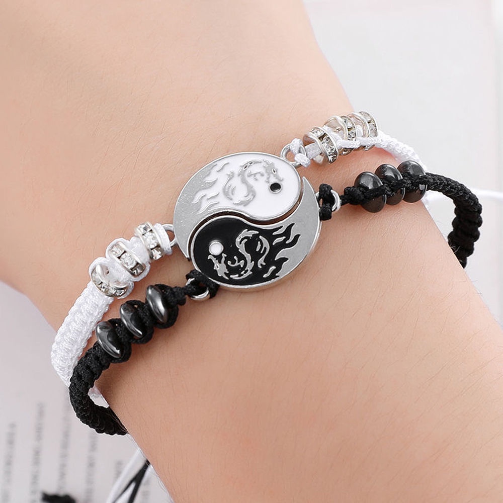 Gelang Tali Tenun Tangan Manik-Manik Obsidian Yin Yang Tai Chi Gaya Etnik Vintage Untuk Pasangan