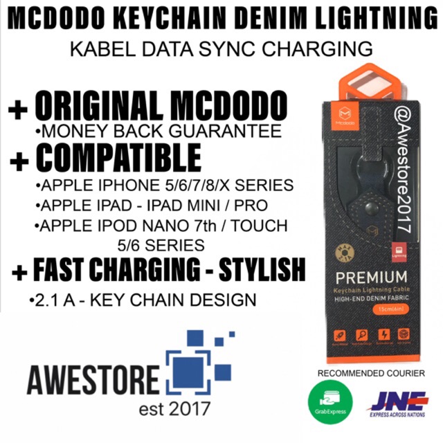 Original Mcdodo Kabel Data Denim Iphone 5 6 7 8 X Ipad Mini Ipod Touch Lightning Cable Key Chain New