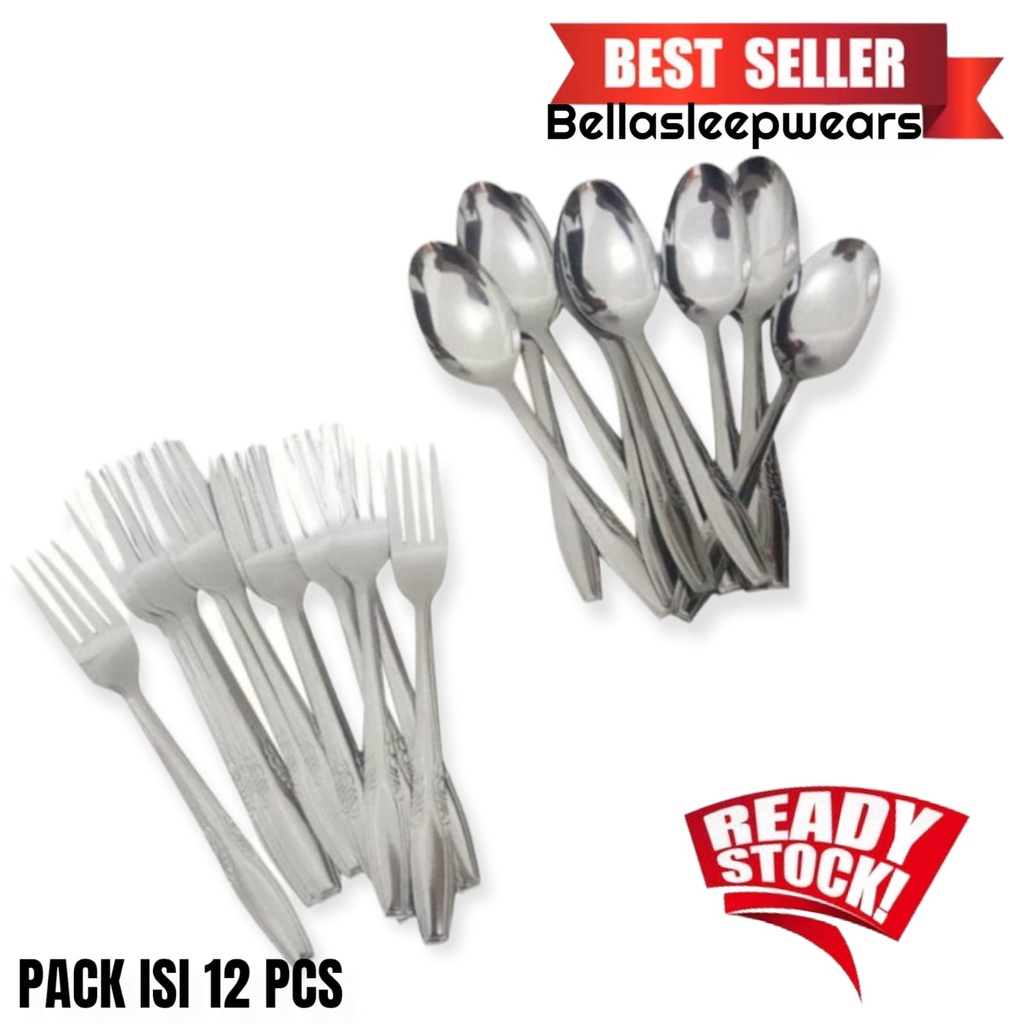 BELLA - PER 12 PCS SENDOK GARPU MAKAN STAINLESS POLOS | BATIK TEBAL KUAT