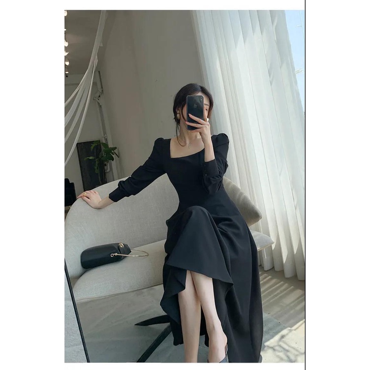 Dress korea/kerah persegi vintage dress/dress hitam panjang