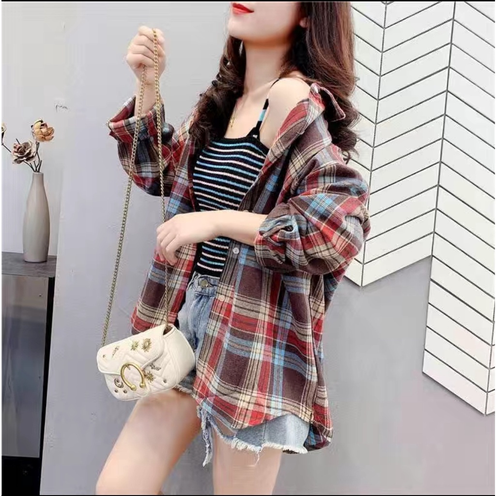 Blouse Kemeja Oversize Wanita Lengan Panjang Baju Kotak Kotak Wanita Flanel Shirt