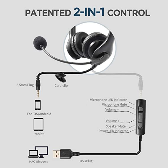 Ausdom Headset Wired 3.5mm Aux USB Mode BS01 - Headphone