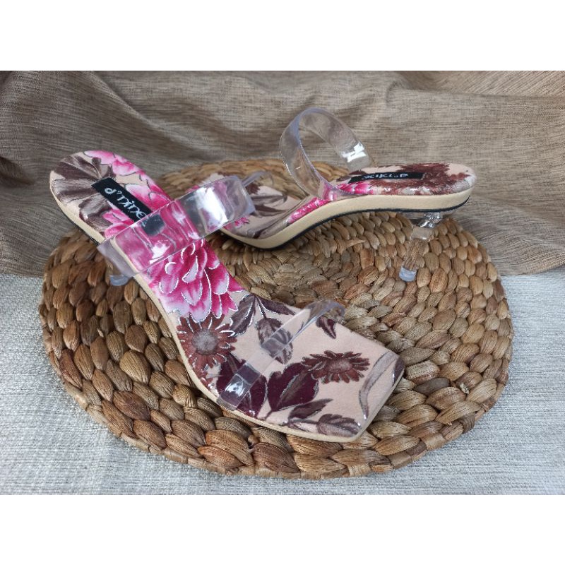 d'NINE KS 07 Sandal Wanita heels kaca 7cm motif bunga