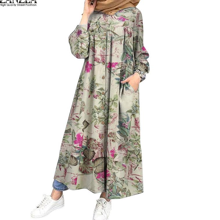 [KGZ.10Jn22d] ZANZEA Women Button Down Front Vintage Long Sleeve Muslim Dress
