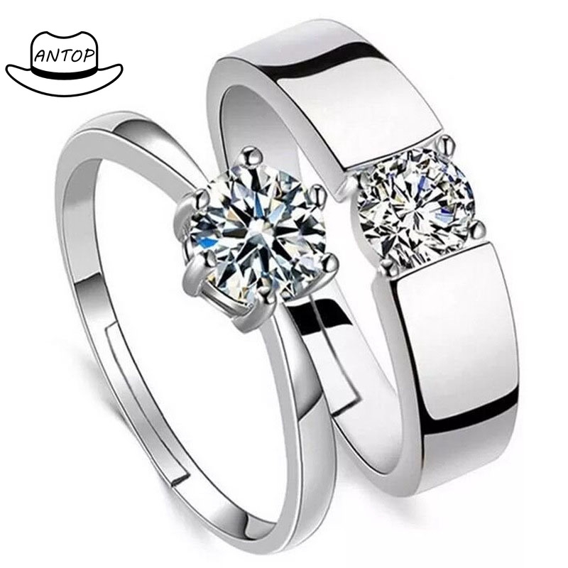 2 Pcs 925 Silver Cincin Berlian Mode Pasangan Wanita Perhiasan Cincin Ring B1 Antop