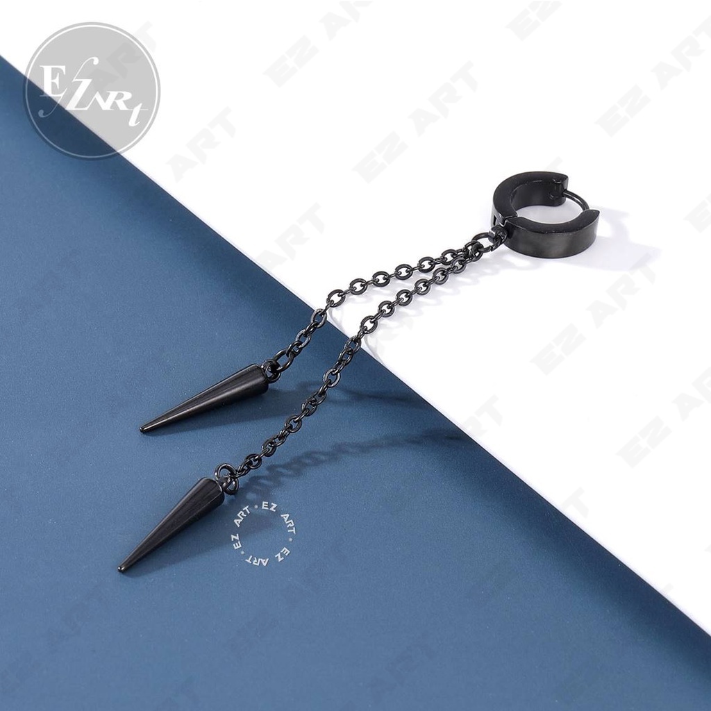 1Pc EZ-2SPIKE ANTING DOUBLE SPIKE RANTAI PANJANG GANDA SILVER HITAM JEPIT TUSUK PRIA WANITA KPOP BTS