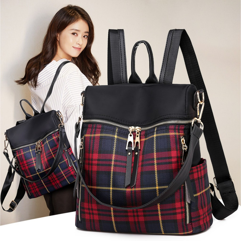 TB-45 tas ransel backpack wanita import korea jepang rainproof plaid besar sekolah kampus