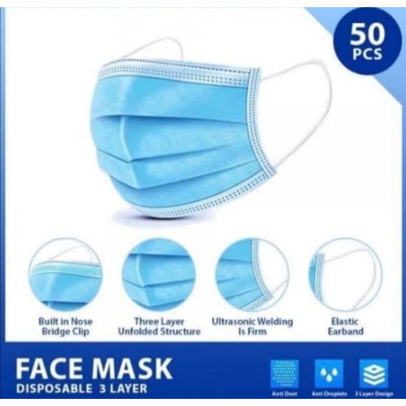 Masker Bedah medis Surgical Mask Disposable Medical Facemask 3 ply isi 50 pcs