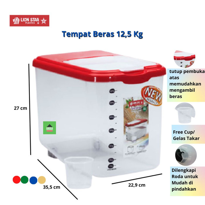 7w4sww Lion Star Kotak Beras / Tempat Beras Oriza Rice Box 12,5Kg Rb-17 - Merah S10D4R