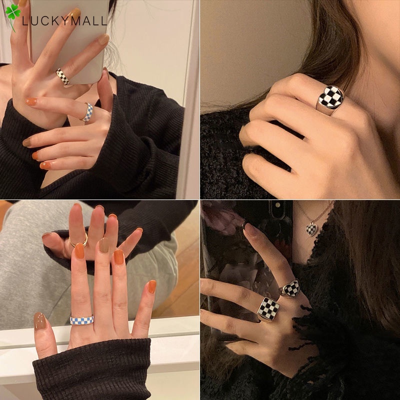 Cincin Bentuk Hati Dan Kotak Gaya Retro Adjustable Untuk Wanita