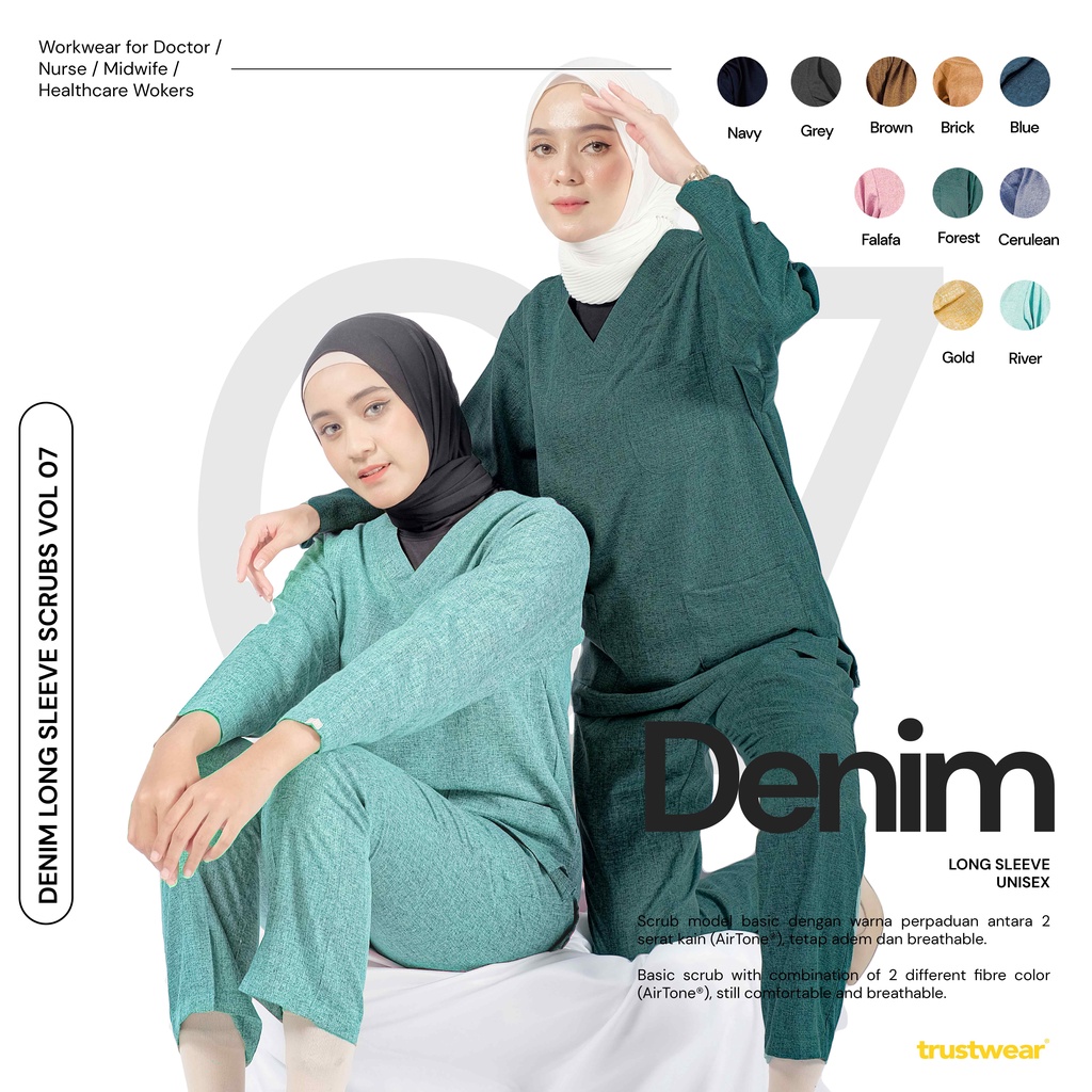 DENIM COLLECTION] Doctor’s Scrub/Set Baju Celana Jaga  OKA OK Perawat/Dokter Lengan Panjang VII