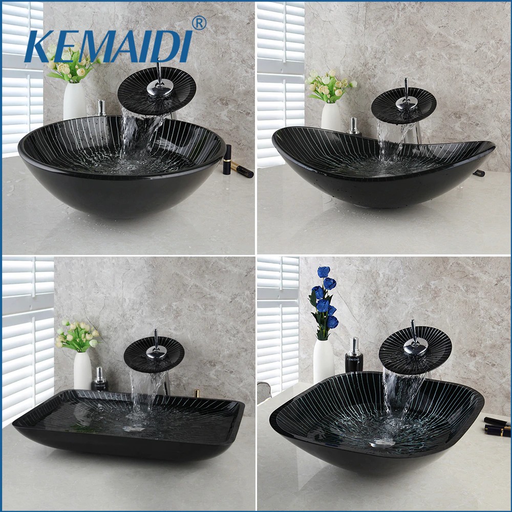 Kemaidi New Bathroom Sink Hand Paint Washbasin Tempered Glass Basin Sink With Waterfall Faucet Shopee Indonesia