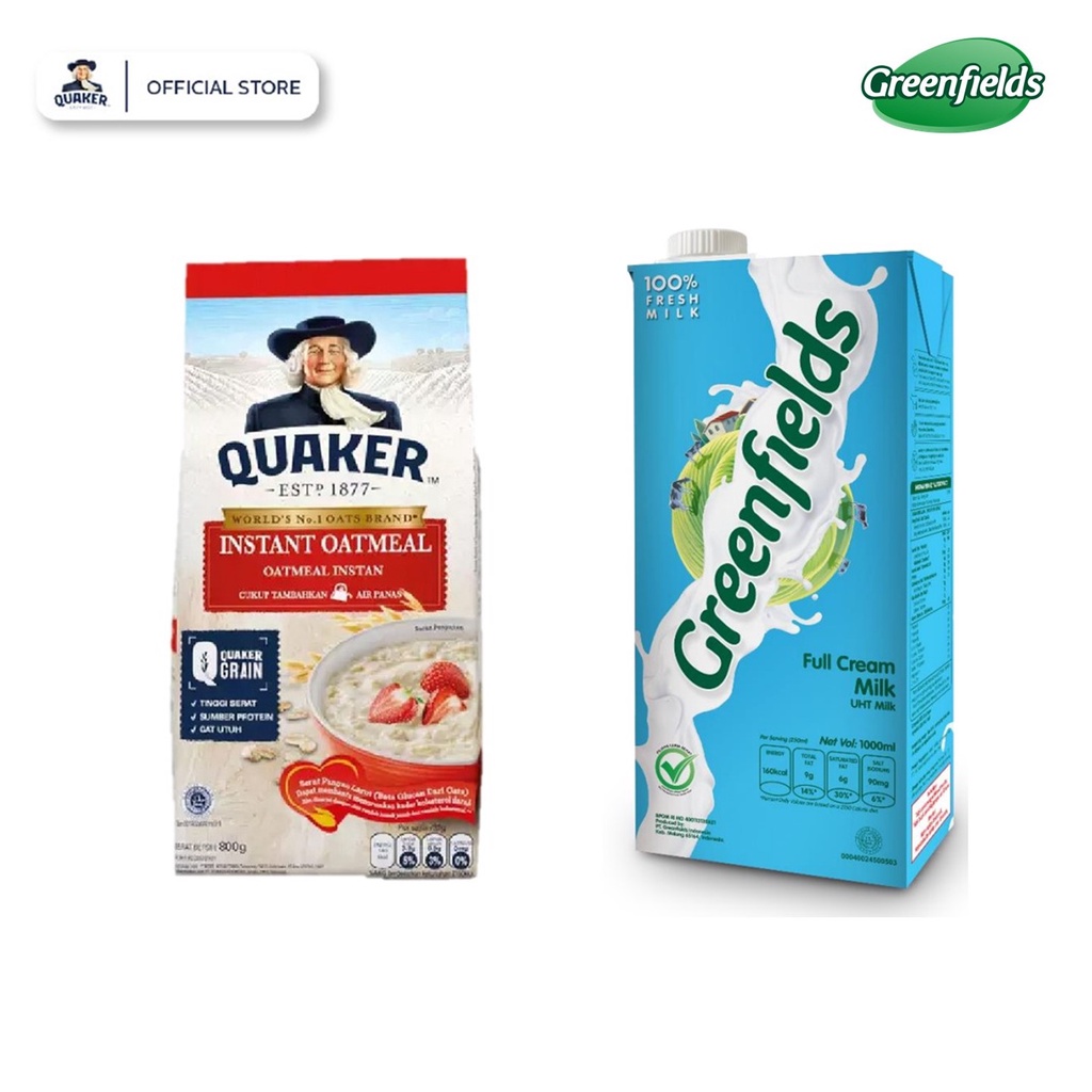 Greenfields Susu UHT Full Cream 1000 ml+Quaker Instant Oatmeal 800 gr