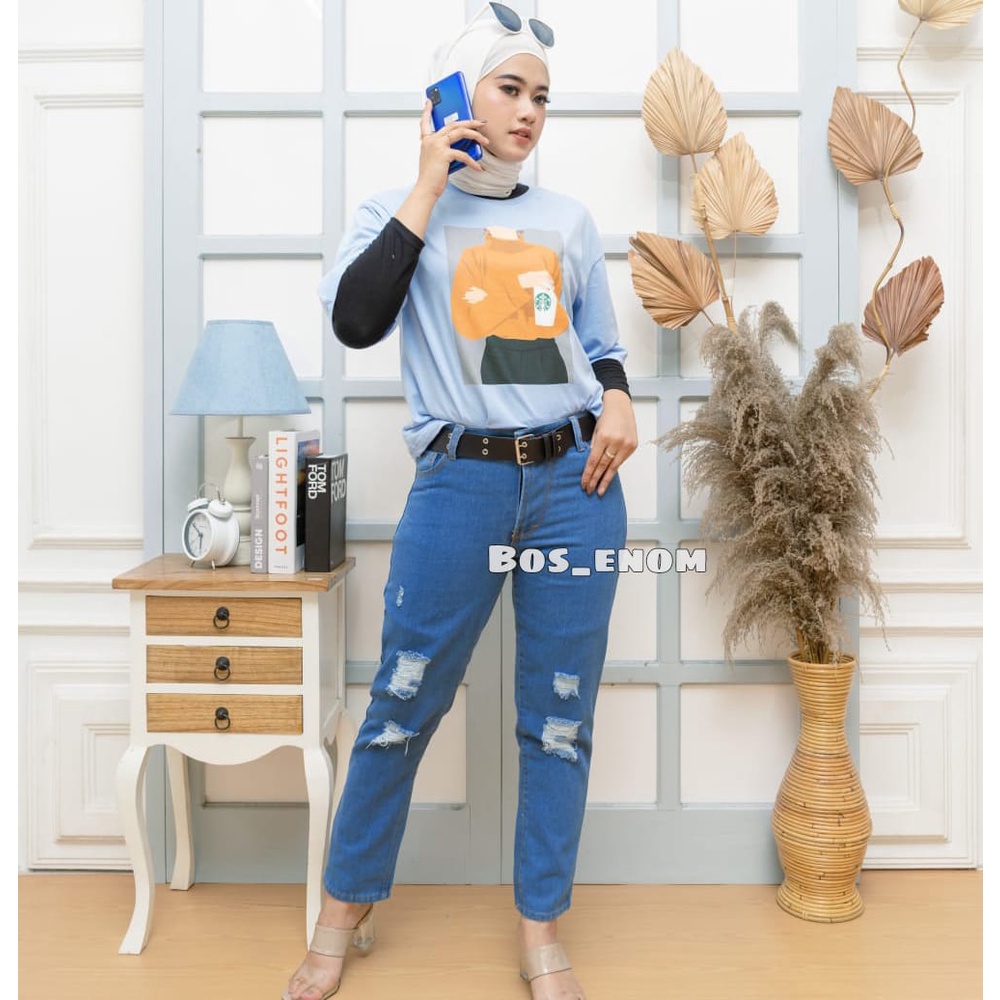 Gratis Ongkir Celana jeans wanita sobek dark blue sobek tidak terlihat ada lapisan furing celana jins high waist robek kekinian tiktok shop kekinian hijab ala korea viral tiktok 2022 murah cewek gendut  love imort celana jeans wanita ootd trend jens boyfr