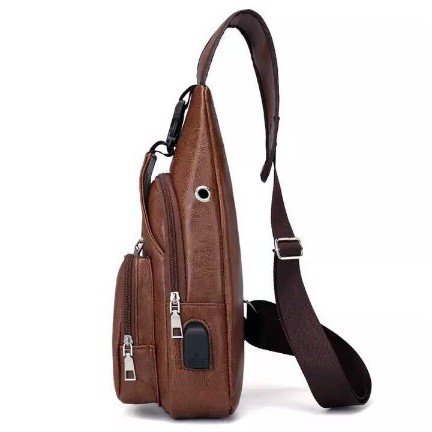 Selempang Kulit Pria T17 Tas Hp/Tas Dada /Sling Bag Usb Kulit/Selempang Sling Bag