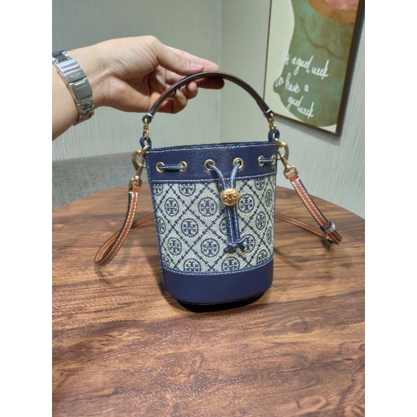 tory burch T monogram bucket 18 navy original bag tas asli tb authentic