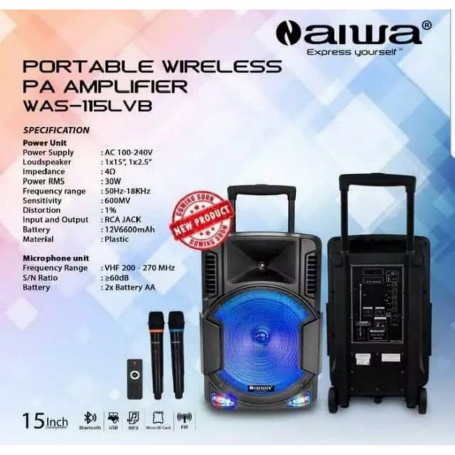 AGEN GROSIR SPEAKER PORTABLE AIWA 15 INCH WAS 115 LVB BLUETOOTH