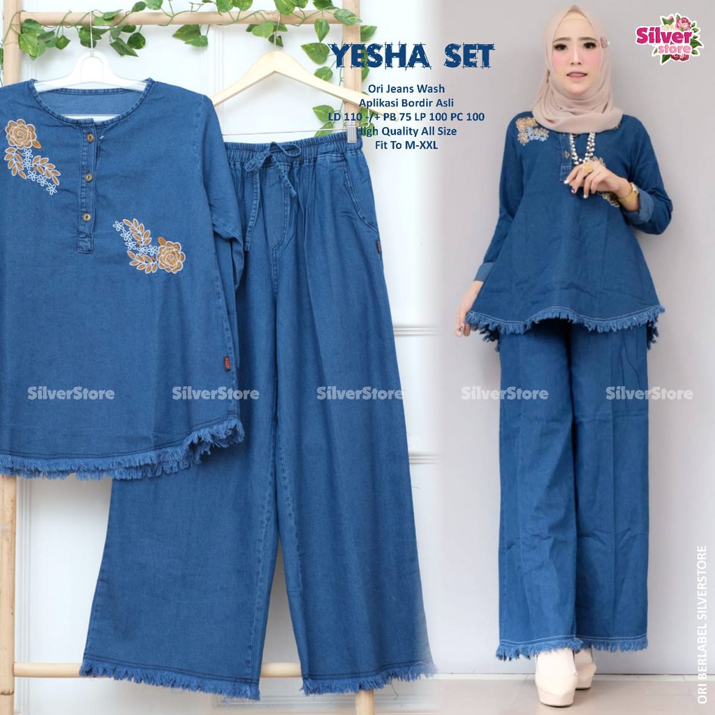 Yesha Set / Setelan tunik dan Kulot Jeans / Baju wanita Casual Kondangan OOTD / One set Jeans