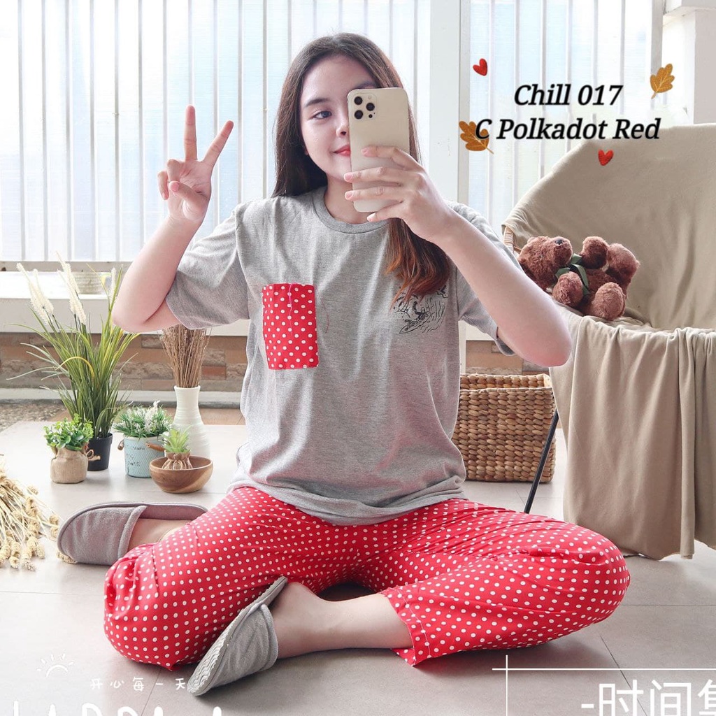 IZANY Piyama Dewasa Size S/ CP Atasan kaos Tebal-CHILL 017 POLKA RED