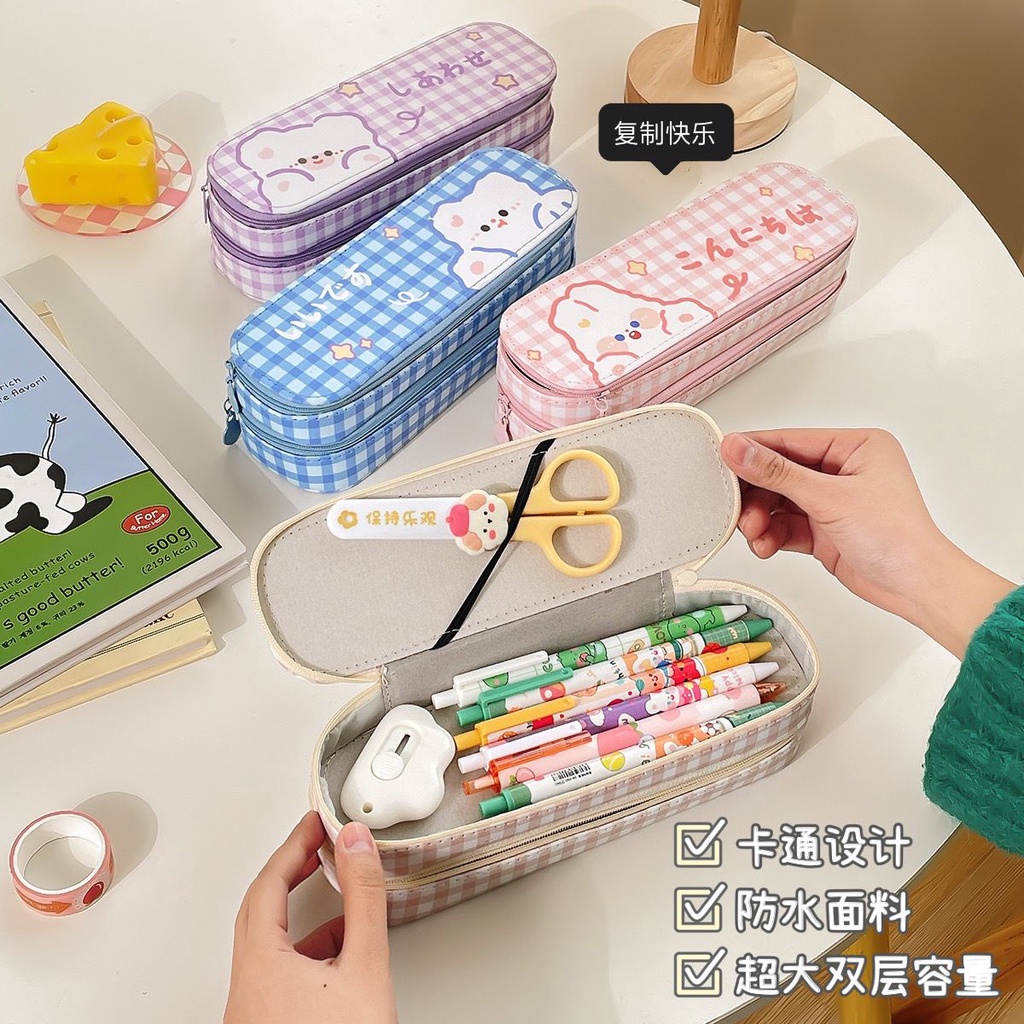 KOTAK PENSIL SLETING IMPORT KOREA / GRID WATERPROOF PENCIL CASE / TEPAK PENSIL AESTHETIC TAHAN AIR / PREMIUM TEMPAT ALAT TULIS MURAH BAHAN KAIN LEMBUT / MINIMALIS KOREAN STYLE STATIONERY / TEMPAT PENSIL MOTIF PLAID / ROSSY / COLORFUL MAKE UP POUCH