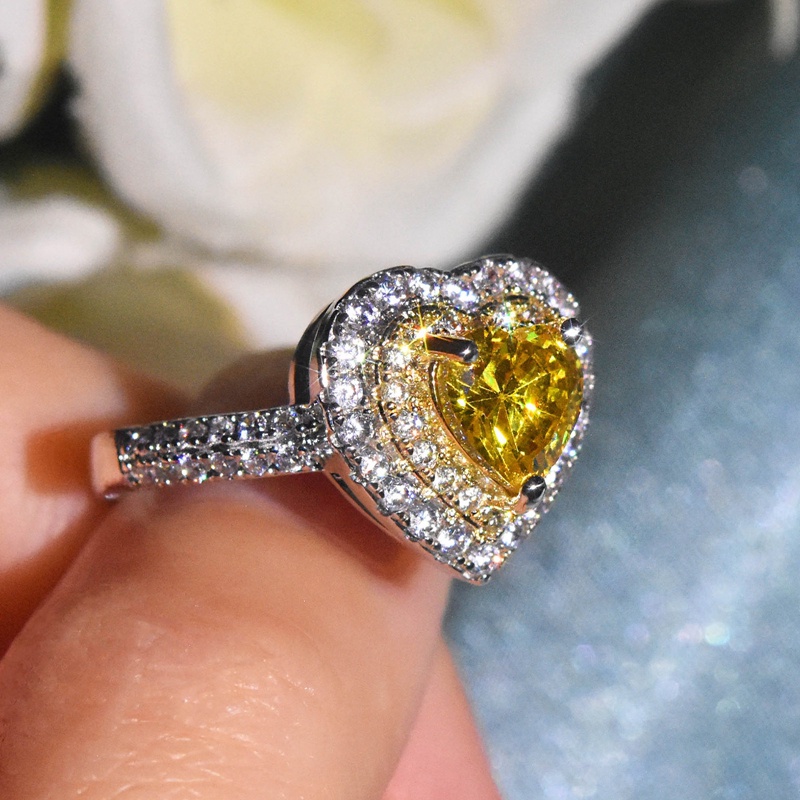 Cincin Lapis Ganda Bentuk Hati Aksen Batu Permata Kristal Zirkon Warna Kuning Untuk Pernikahan