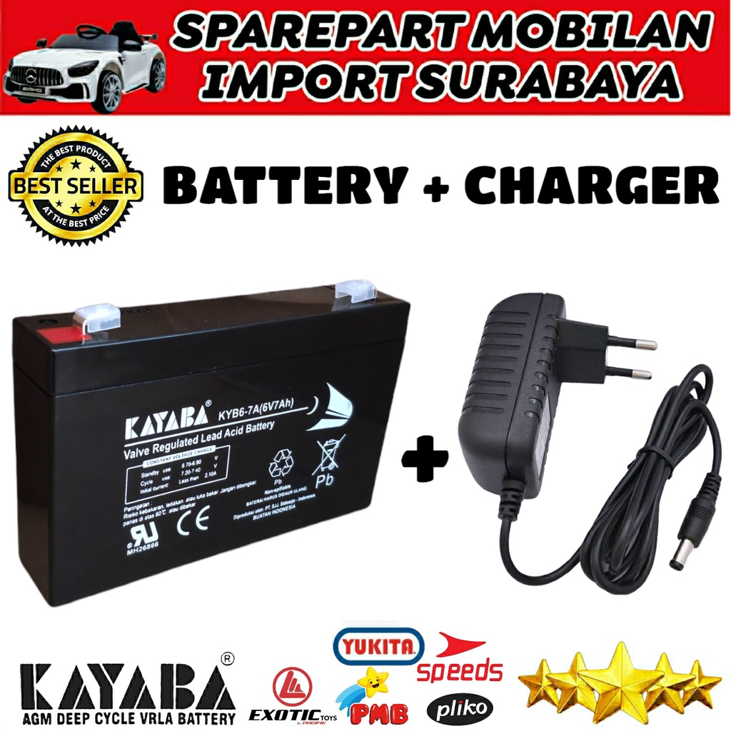 BATTERY KAYABA CHARGE ADAPTOR 6 VOLT BATERAI MOBIL AKI MAINAN ANAK 6V 7AH CHARGER 6VOLT 1AH PLIKO EXOTIC JEEP YUKITA SPEEDS PMB MOBILAN ANAK MOTOR VESPA NMAX PCX MICKEY SCOOPY