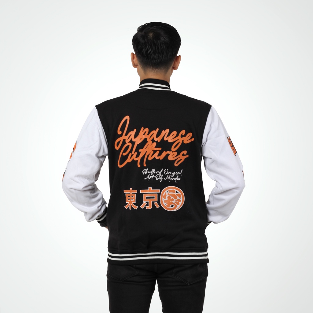 SKULLEND Jaket Varsity Baseball Vintage Pria Wanita Japanese Black White