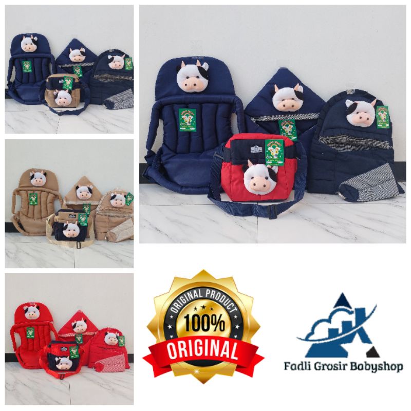 Paket Hemat (4 in 1) Tas Bayi Boneka Sapi Gendongan Samping Boneka Sapi Selimut Boneka Sapi Dan Gendongan Depan Duduk Boneka Sapi