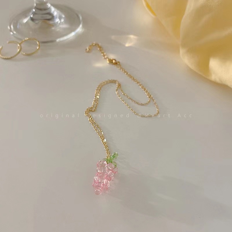 Kalung Rantai Klavikula Dengan Liontin Manik-Manik Bentuk Anggur Hati Warna Pink