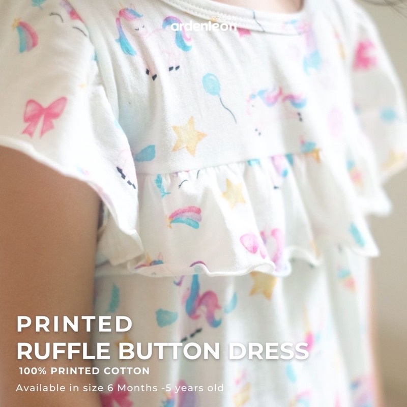 ArdenLeon RUFFLE BUTTON DRESS PRINTED / Arden Leon Dress Motif Bayi Anak Perempuan