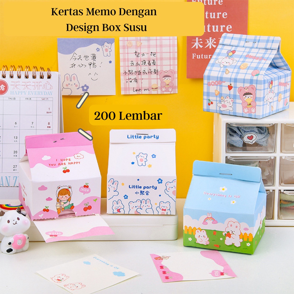 MYKOCHEN.INA Sticky Note Memo Pad Notepad Kotak Susu 200 Lembar Lucu Berkarakter Decorative Aesthetic Post It Milk Box Journal Catatan Scrapbook