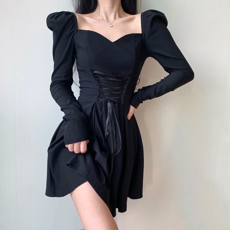 dress korean style french puff sleeve dress square neck waist perban little black dress princess dre