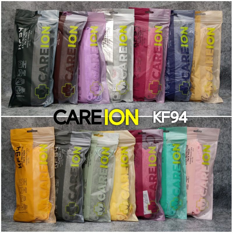 READY STOK ISI 10 MASKER KF94 EARLOOP KF CAREION CARE ION I CARE ICARE 5 ply embos HITAM PUTIH ISI 10