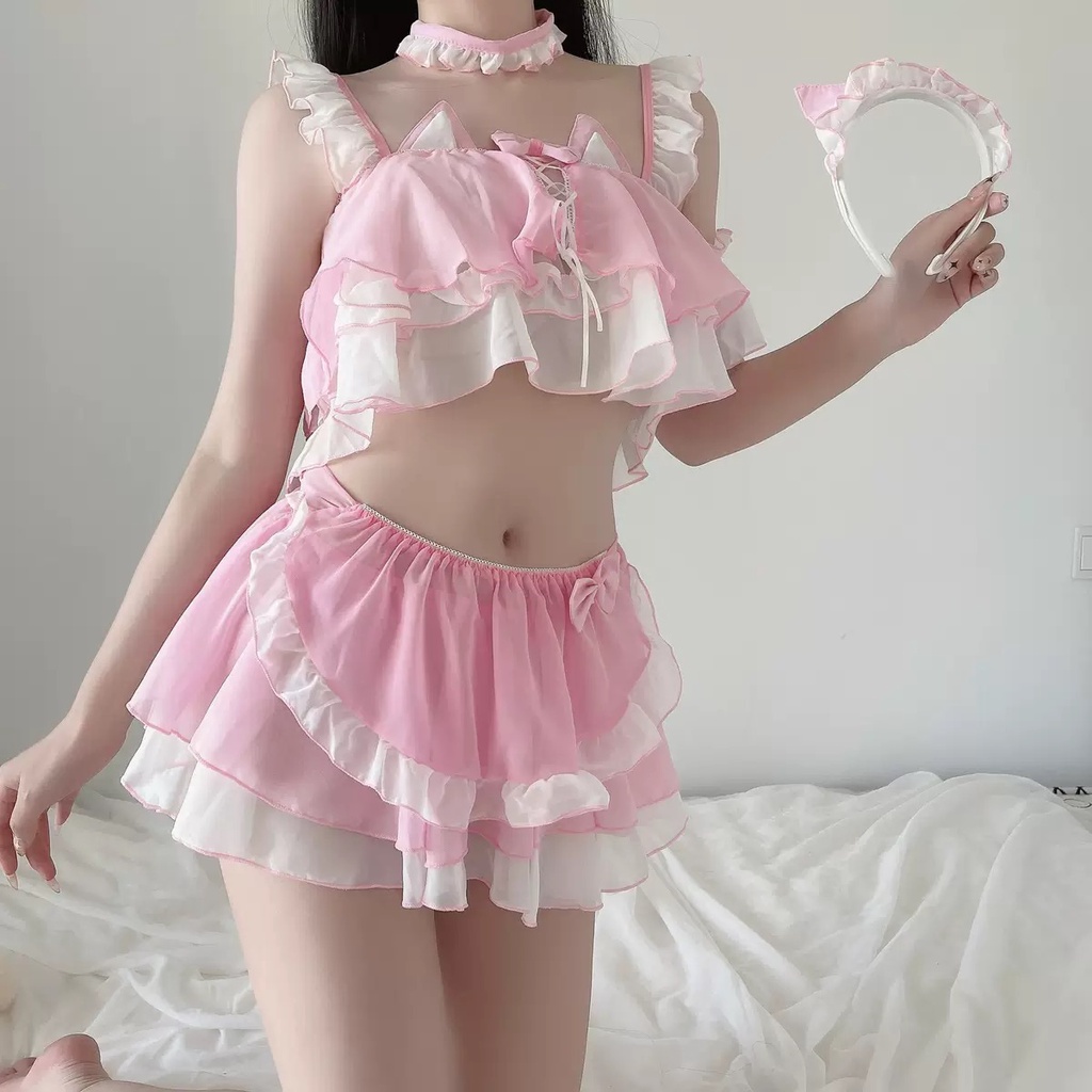 Lingerie Sexy Wanita Cosplay Crop top dan Rok Mini Set Seragam kucing Gadis 3A339