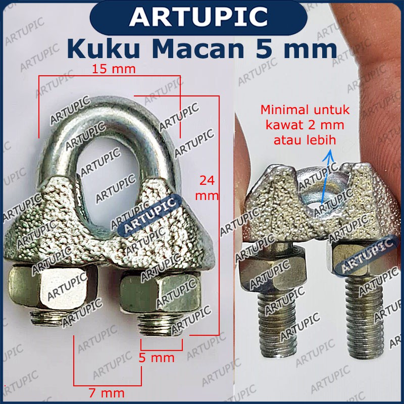 Kuku Macan 5 mm Klem Seling Wire Clip Clamp Tali Kawat Baja Kabel Seling Sling 5mm