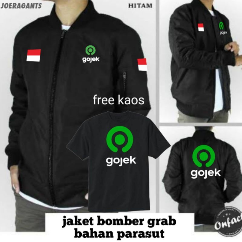 jaket bomber parasut ojol logo gojek driver free kaos - joeragants