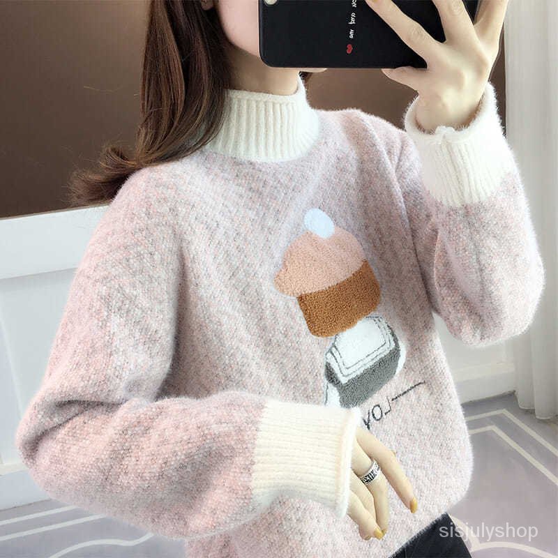 #Sisjuly# Baru Wanita Sweater Longgar Pakaian Luar Wanita Turtleneck Musim Gugur dan Musim Dingin Pu