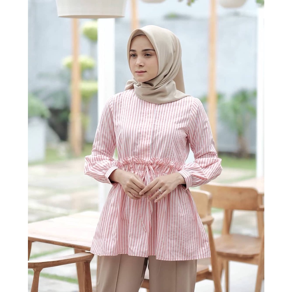 Baju Atasan Wanita Jumbo Lengan Panjang Erafa Blouse Bahan Katun Salur  Kemeja Wanita Pakaian Wanita Korean Style Blouse Pinggang Karet Meral