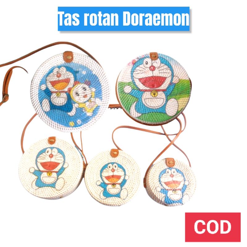 TAS ROTAN Bali / lombok Bulat gambar  DORAEMON Harga termurah