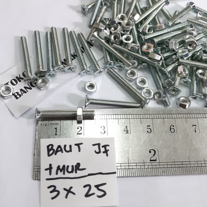 Baut Putih 3x25 + Mur Baut JF3x25 Kepala Obeng M3x25 M3 x 25 per 10pcs