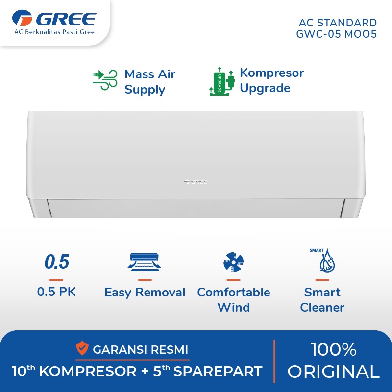AC GREE 1/2 PK STANDART GWC-05MOO5S/A With Automatic Smart Cleaner - Double louver - 4 protection - 