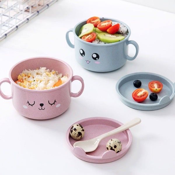 Mangkok Makan Anak Karakter + Tutup + Sendok  / Jerami Soup Bowl Cartoon BPA Free / Mangkuk Gelas Sup Cup Tempat Makanan Bubur Balita Bayi