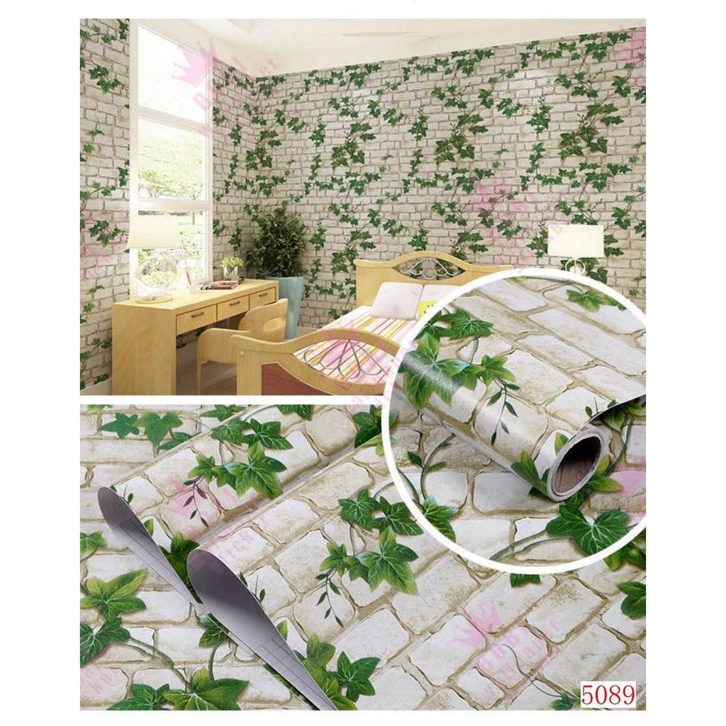 Bobi Wallpaper Sticker Motif Bata Putih Daun Hijau  5089  / Wallpaper Dinding 9m x 45cm