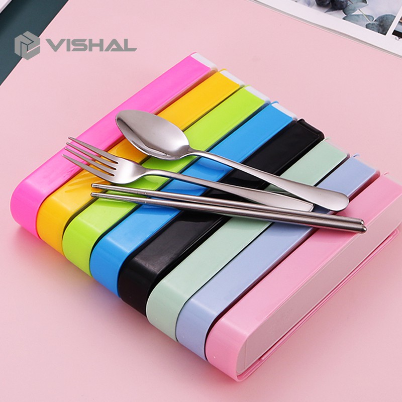 VISHAL 3Pcs Set Makan Sendok Garpu Sumpit/Stainless Steel Spoon Fork Chopsticks Bepergian Peralatan