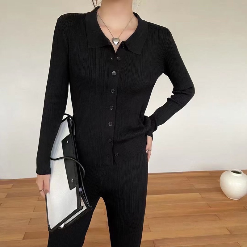 Inora Set Korean Knit Ribbed Long Rajut Kancing Lengan Panjang Blouse Busui Button Tee Top Bottom Ce