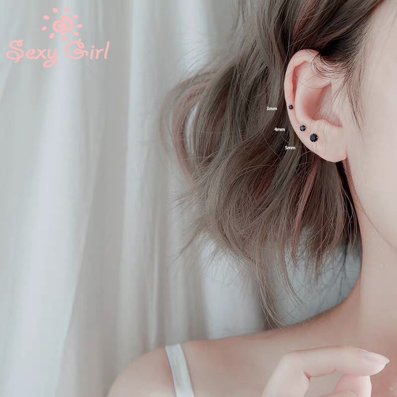 3 Pasang Anting S925 Silver Needle Zircon Warna Hitam Putih Gaya Korea Untuk Perempuan